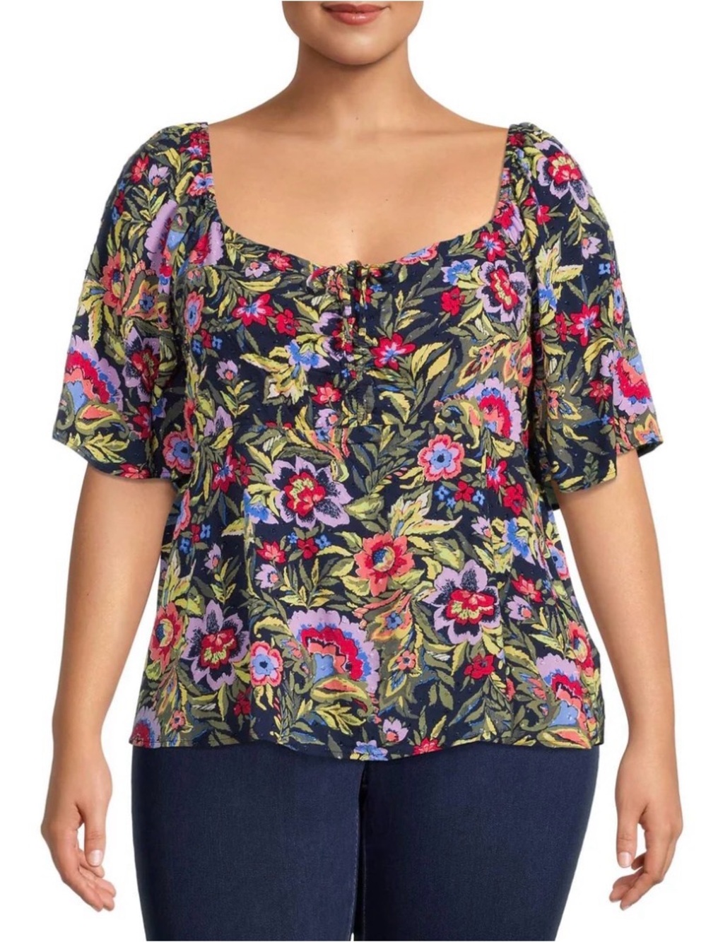 Terra & Sky Navy Floral Square-Neck Short Sleeve Top 2X